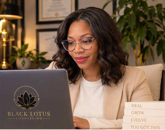 Sade Moore working on a laptop in a private counseling office