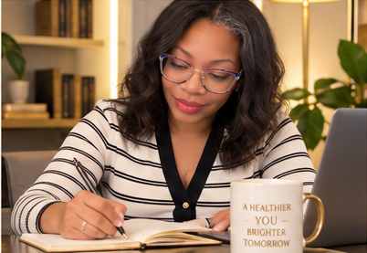 Counselor journaling in a quiet, warmly lit office