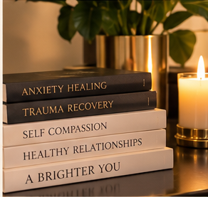 A stack of books about self-compassion and healthy relationships beside a candle